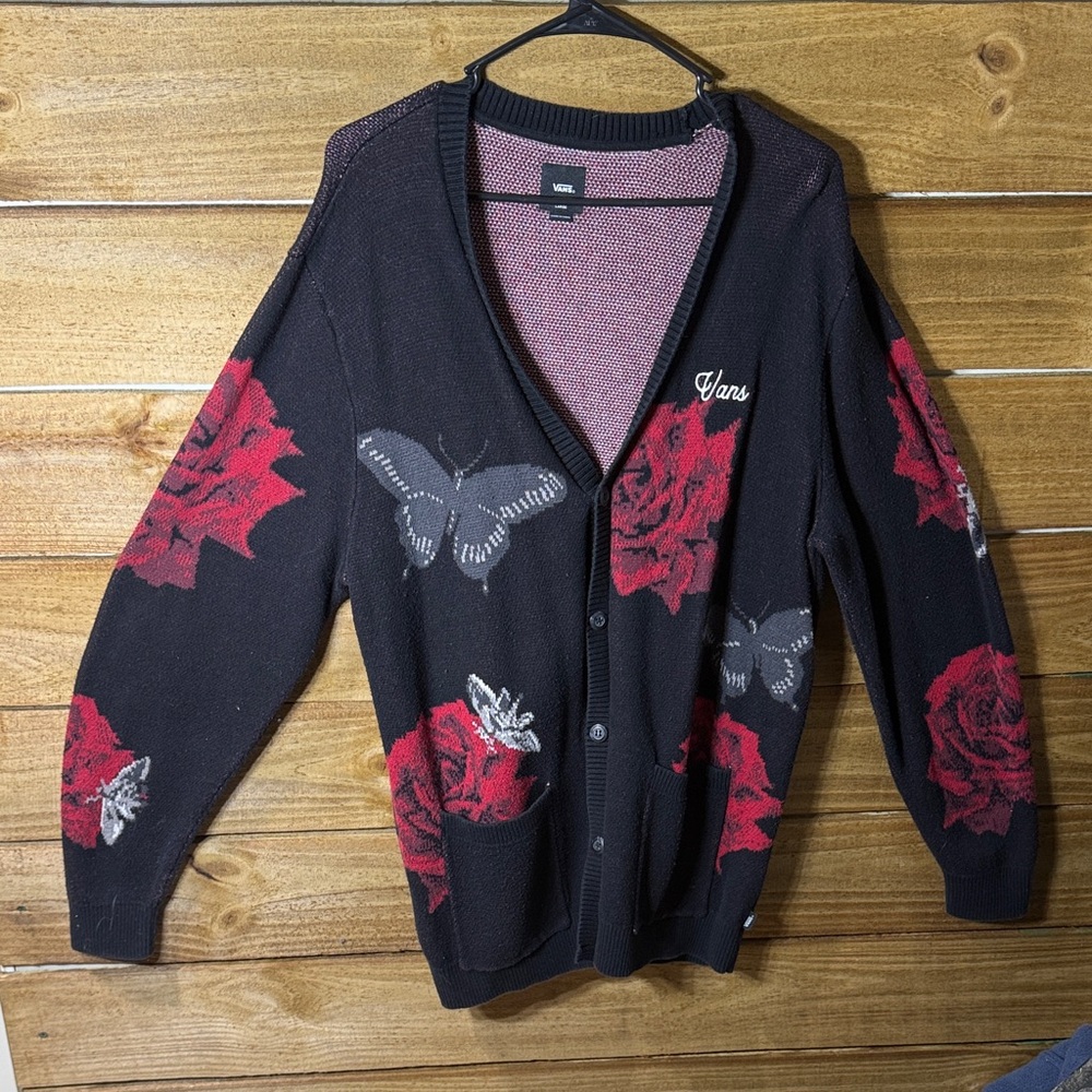 Vans Black Oversized Cardigan with Red and Gray Butterflies and Roses. Size L